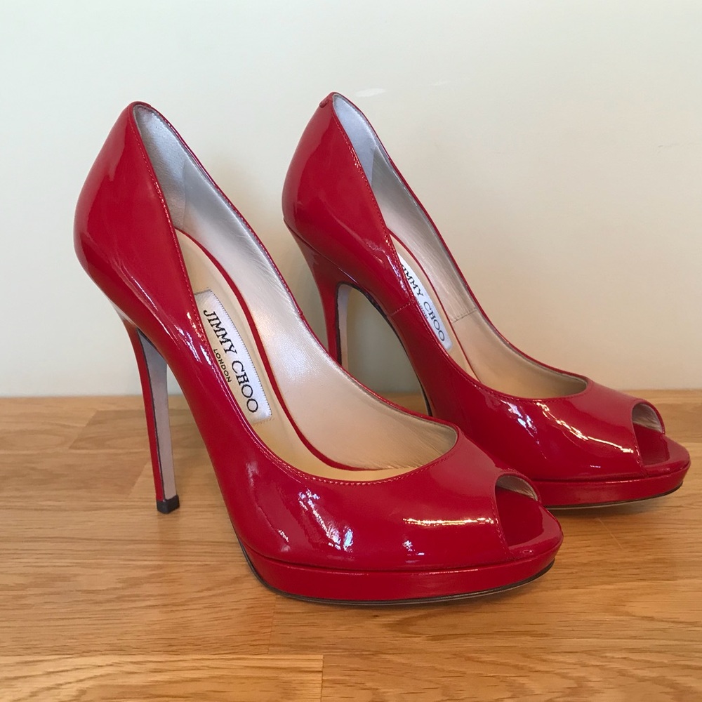 Jimmy Choo Quiet patent leather red peep toe pump